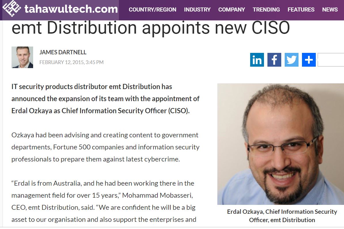 emt Distribution appoints new CISO (2015) | Dr. Erdal Ozkaya - Cybersecurity  Blog