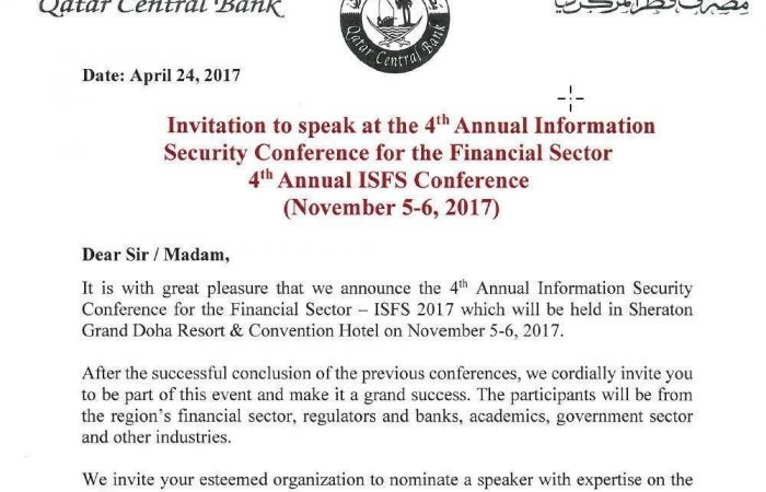 Qatar Central Bank 4th IT Security conference Keynote Speaker