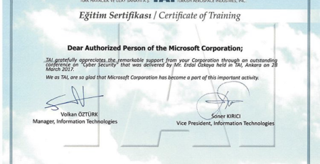 TAI appreciation certificate Erdal Ozkaya