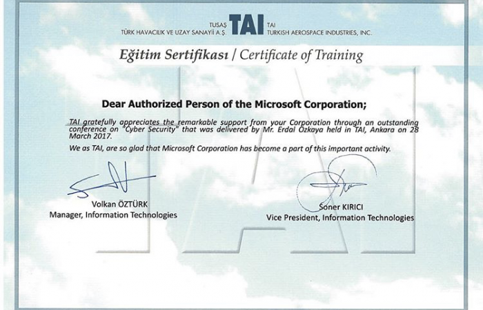 TAI appreciation certificate Erdal Ozkaya