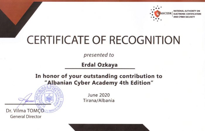 Albanian Cyber Academy Certificate of Recognition