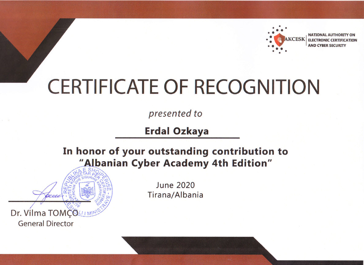 Albanian Cyber Academy Certificate of Recognition